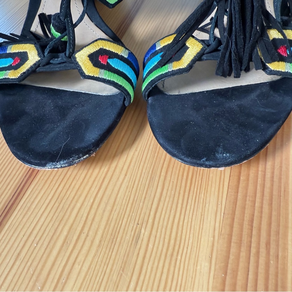 Schutz Heeled Sandals Embroidered with Tassels Boho 8.5 - Picture 7 of 9